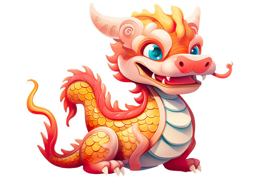 cute Chinese dragon, white isolated background PNG, cartoon style, animal designations