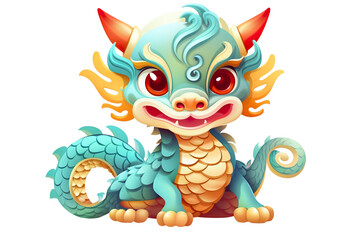 cute Chinese dragon, white isolated background PNG, cartoon style, animal designations