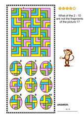 Abstract visual puzzle with whimsical pattern: What of the 2 - 10 are not the fragments of the picture 1? Answer included.
