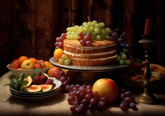 Gâteau Basque surrounded by seasonal fruits and served on a decorative plate