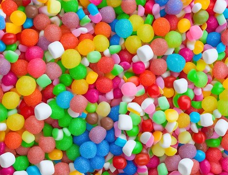 Lots of colorful candies, colored lollipops and gummies view from the top, background. Ai generativ