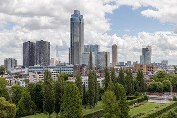 Obraz premium View of Zalmhaven tower and Wilhelmina pier in Rotterdam from a rooftop