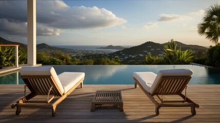 Fototapeta premium Two deck chairs on terrace with a pool, stunning view on mountains and the clouds in the sky