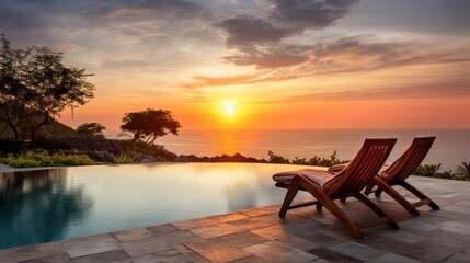 Two deck chairs on terrace with a pool, stunning view of Bali beach