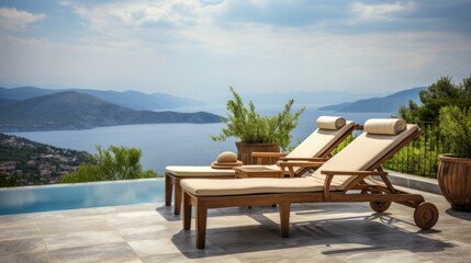 Two deck chairs on terrace with a pool, stunning view of mountains and sea