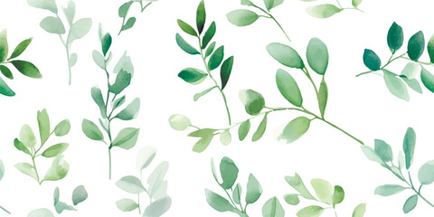 Seamless floral pattern with green leaves on branches, watercolor illustration isolated on white background
