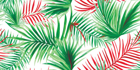 Fototapeta na wymiar Tropical seamless pattern of colorful palm leaves red wax palm Cyrtostachys renda , watercolor isolated illustration for textile, background, wallpapers or your design floral