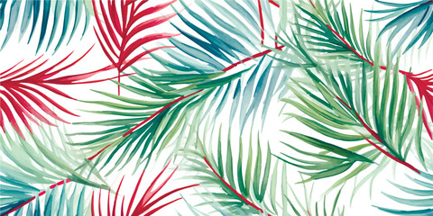 Tropical seamless pattern of colorful palm leaves red wax palm Cyrtostachys renda , watercolor isolated illustration for textile, background, wallpapers or your design floral
