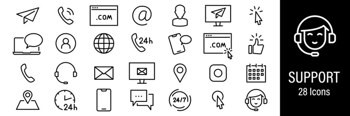 Support Web Icons. Contact Us, Chat, Feedback, Customer, Message, Phone. Vector in Line Style Icons
