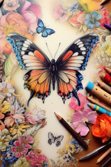 Fototapeta na wymiar a delicate butterfly on a flower, in the style of realistic yet dreamy, close-up view of insect with detailed wings, pencil sketching, pastel colorscape mastery, impressionist-inspired art, instagram,