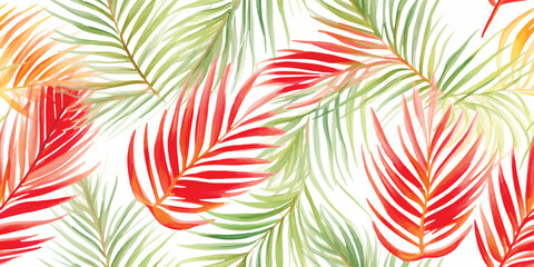 Tropical seamless pattern of colorful palm leaves red wax palm Cyrtostachys renda , watercolor isolated illustration for textile, background, wallpapers or your design floral