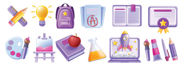 3D back to school icon set, vector education graduate object kit, student backpack study book. College diploma, online dictionary, laptop rocket, science vial, art palette brush. Knowledge school icon