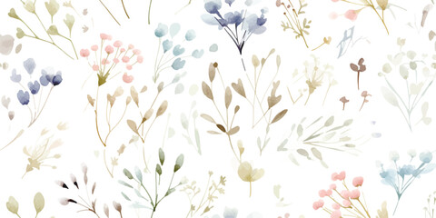 Watercolor floral seamless pattern with scattered abstract plants. Airy, light and flying ornament on white background for textile, wallpaper or paper