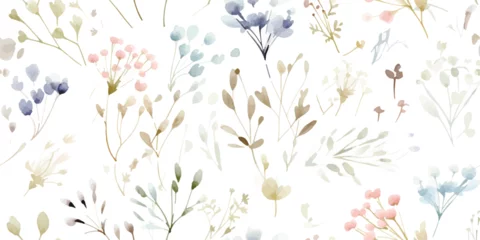 Poster Watercolor floral seamless pattern with scattered abstract plants. Airy, light and flying ornament on white background for textile, wallpaper or paper © Eli Berr