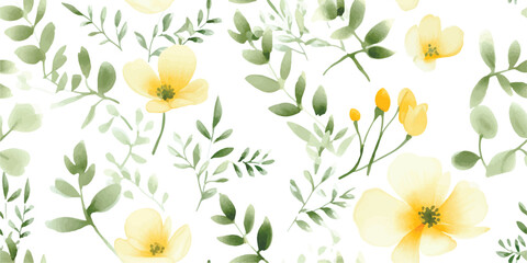 Watercolor seamless pattern with abstract yellow flowers and green leaves in pastel colors. Floral illustration on white background.