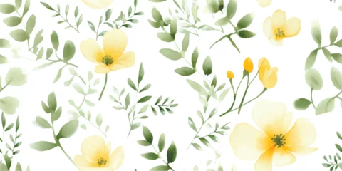 Foto op Plexiglas anti-reflex Watercolor seamless pattern with abstract yellow flowers and green leaves in pastel colors. Floral illustration on white background. © Eli Berr