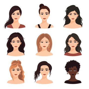 Portrait of Women with Different Hair set vector isolated illustration