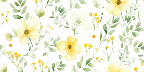 Watercolor seamless pattern with abstract yellow flowers and green leaves in pastel colors. Floral illustration on white background.
