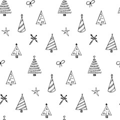 Winter hand drawn seamless pattern.  Vector Christmas line illustration. Happy New Year Holiday