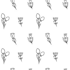 Vector Easter seamless pattern. Great spring Holiday background. Doodle outline illustration. Cute hand drawn elements