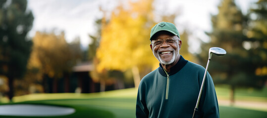Golfer player portrait, elegant middle age man in green golf course