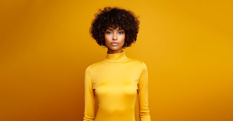 Fototapeta na wymiar Afroamerican woman haircut, hairstyle fashion portrait banner on yellow background