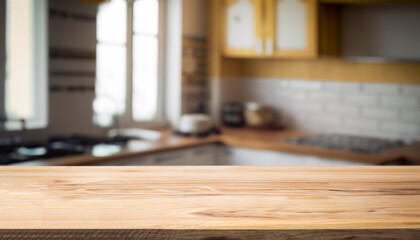 Wood table top on blur the background of the kitchen. - can be used for display your products or promotional and advertising posters