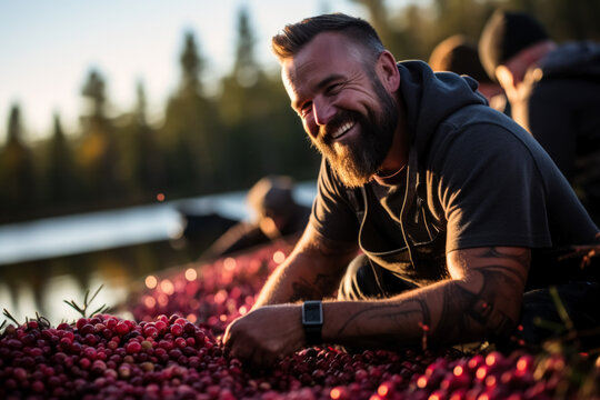 Blissful farmer is collecting cranberries at bog  