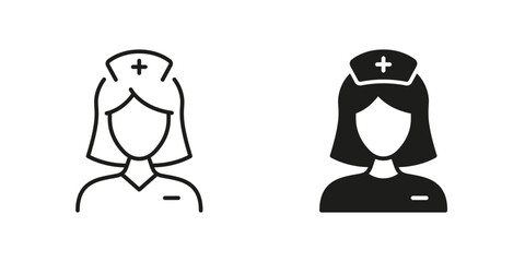 Hospital Staff Pictogram. Doctor Woman Line and Silhouette Black Icon Set. Female Medical Specialist Sign. Healthcare Physician Professional. Nurse Symbol Collection. Isolated Vector Illustration