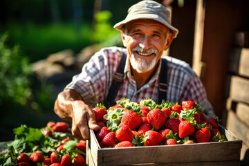 Delighted farmer is collecting strawberries at farm  