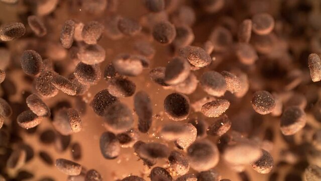 Super Slow Motion Shot of Dog Food Flying Towards Camera on BrownBackground at 1000fps.