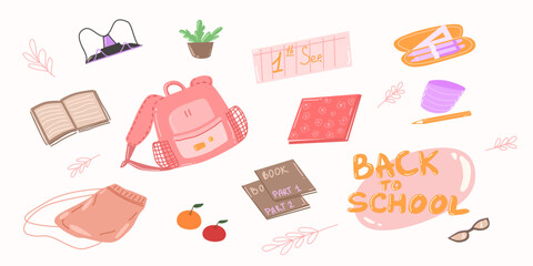 Set of study school supplies. Children's stationery subjects. Back to school