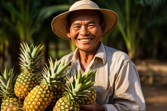 Gleeful farmer is picking pineapples at tropical farm  