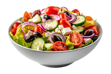 Crisp lettuce, cucumbers, tomatoes, feta cheese, olives, and red onions tossed in a tangy dressing. A light and flavorful Mediterranean option. on white background  - Generative AI 