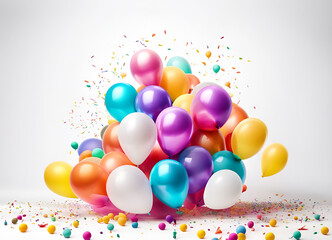 Colorful birthday party balloons group with confetti on white background, AI generated