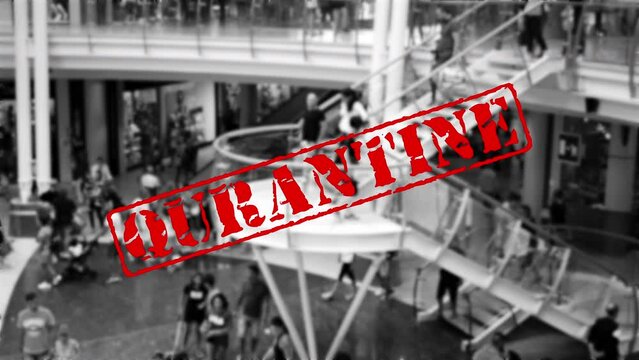 Red old stamp text quarantine animation on people walking in a commercial centre or mall