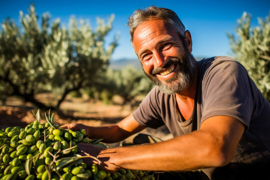 Joyous farmer is harvesting olives at olive grove   - Powered by Adobe