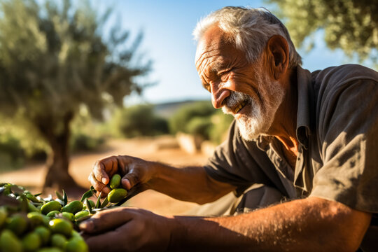 Joyous farmer is harvesting olives at olive grove