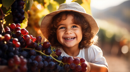 Kid playing in grape vineyard background with empty space for text 