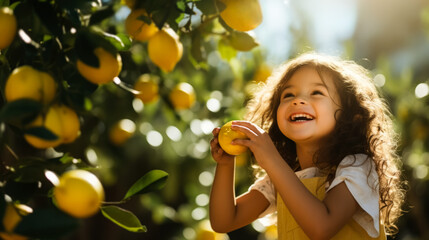 Kid playing in lemon grove background with empty space for text 