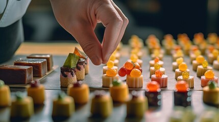 Petit Fours in the process of being prepared in a bakery, with a pastry chef placing decorative elements