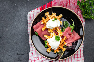 waffles meat savory food pastrami meal food snack on the table copy space food background rustic top view