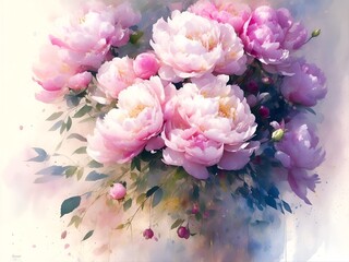 Bouquet of delicate flowers, peonies in pastel colors on a white background, watercolor. AI generativ