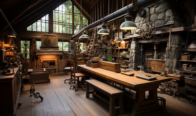 Fototapeta na wymiar Woodworking workshop, mid-century era