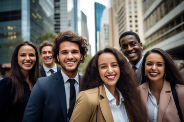 Fototapeta premium Business Team (person) Empowering Success Collaborating in beautiful Sunlit Office: Group of suit People Engaged in Productive Daylight Task, banner, gen ai