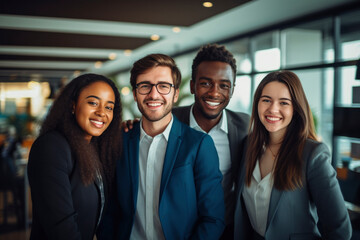 Business  Team (person) Empowering Success Collaborating in beautiful Sunlit Office: Group of suit People Engaged in Productive Daylight Task, banner, gen ai