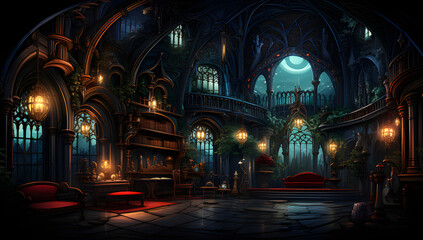 Fototapeta premium Halloween interior. Magic house party celebration. vector illustration of house room halloween design