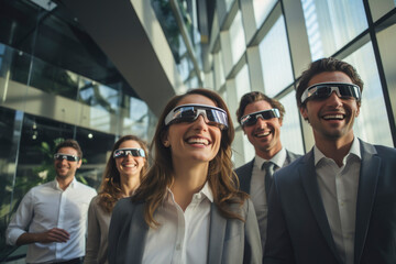Obraz premium business person in a suit deeply engaged with VR glasses, exploring a virtual workspace boost productivity and efficiency in the modern office,modern futuristic technology enhanced smile, gen ai