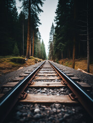 Fototapeta premium Landscape with train tracks and a vanishing point, created with generative AI technology