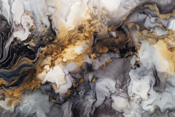 Abstract black, white, gray and gold alcohol ink art background